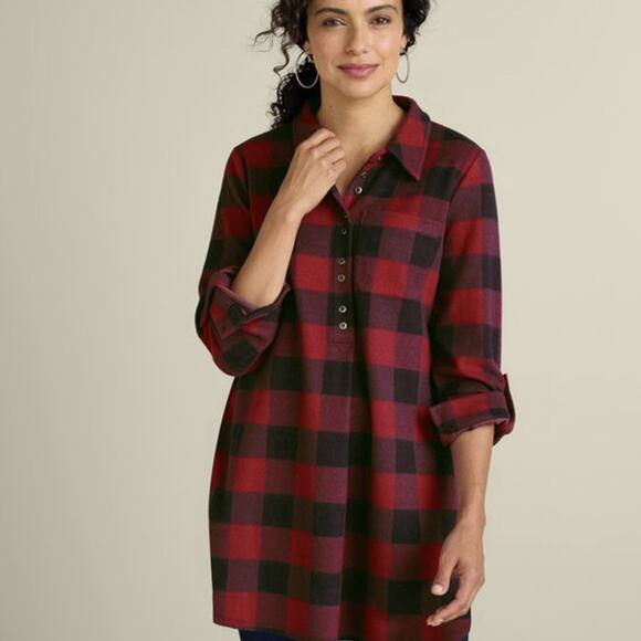 Soft Surroundings Mad About Plaid Red Buffalo Check Tunic Top Womens XL Boho - Picture 1 of 9